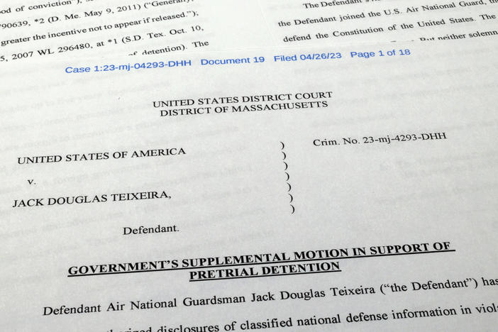 The Justice Department motion for continued pretrial detention of Jack Teixeira is photographed Thursday.