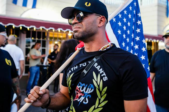 Henry "Enrique" Tarrio, leader of the Proud Boys, shown here at a protest in support for Cubans demonstrating against their government in Miami on July 16, 2021.