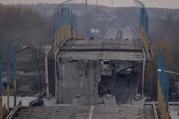 The destroyed section of the Antonivka bridge over the Dnipro river is seen on Nov 18, 2022, in Kherson, Ukraine.