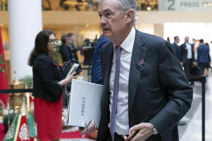 Federal Reserve Chairman Jerome Powell arrives for the plenary of the International Monetary and Financial Committee (IMFC) meeting, during the World Bank/IMF Spring Meetings at the International Monetary Fund (IMF) headquarters in Washington, Friday, April 14, 2023.