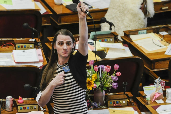 Montana state Rep. Zooey Zephyr, D-Missoula, stands in protest as demonstrators are arrested in the House gallery, on Monday, at the state Capitol in Helena, Mont.