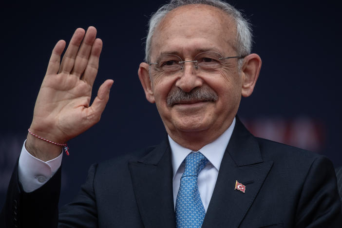 Kemal Kilicdaroglu, leader of the Republican People's Party and presidential candidate of the a broad opposition alliance, greets supporters at a rally while campaigning for the presidential election on April 27 in Tekirdag, Turkey.