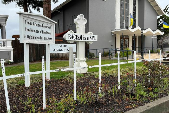 Saint Columba Catholic Church in Oakland, Calif., commemorates every murder in the city with wooden crosses in its front garden. The city's homicide rate remains stubbornly high while its murder clearance rate remains well under the already low national average.