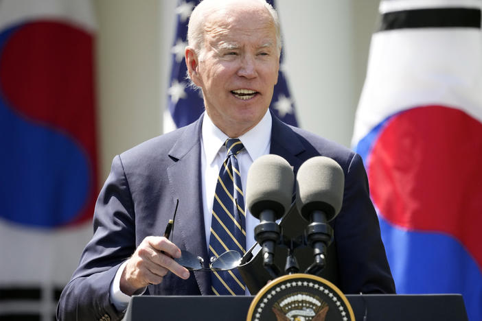 President Joe Biden speaks during a news conference with South Korea's President Yoon Suk Yeol on April 26, 2023, in Washington, D.C.