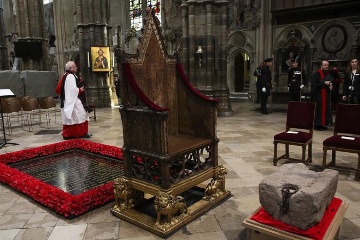 The Stone of Destiny is seen during a welcome ceremony ahead of the coronation of Britain's King Charles III, in Westminster Abbey, London, Saturday, April 29, 2023.