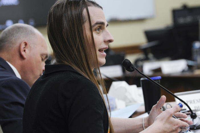 Rep. Zooey Zephyr, D-Missoula, speaks during a meeting of the House Judiciary Committee in the Montana State Capitol in Helena, Mont. on Monday, May 1, 2023. Rep. Zephyr asked a court Monday to allow for her return to the House floor after she was silenced and barred for chiding her Republican colleagues over legislation to restrict gender-affirming health care and for encouraging protesters.