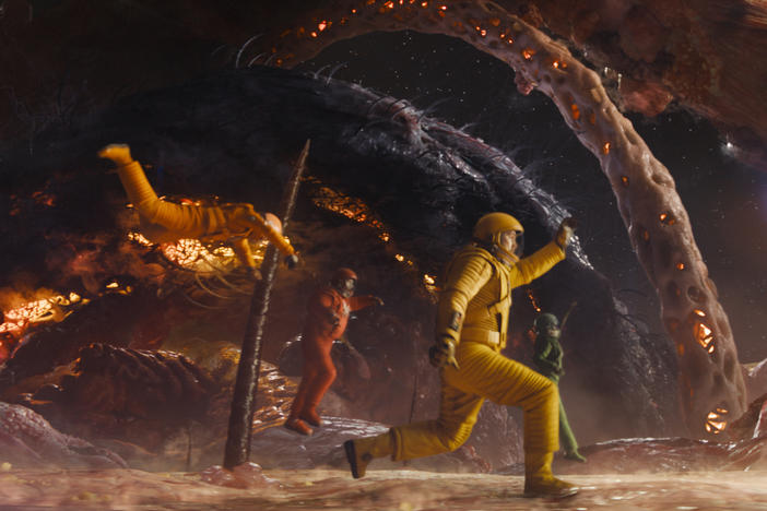 L to R: Mantis (Pom Klementieff), Drax (Dave Bautista), Quill (Chris Pratt) and Nebula (Karen Gillan) go for a walk in <em>Guardians of the Galaxy Vol. 3.</em>