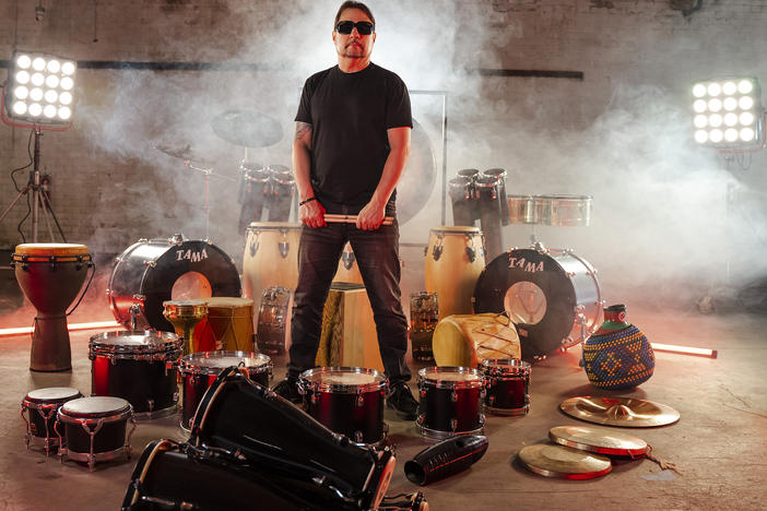 Drummer Dave Lombardo shows off just a few of the instruments he played on his debut solo album <em>Rites of Percussion</em>.