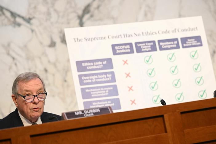 Sen. Dick Durbin, top Democrat on the Senate Judiciary Committee, speaks during a hearing on Supreme Court ethics on Tuesday.