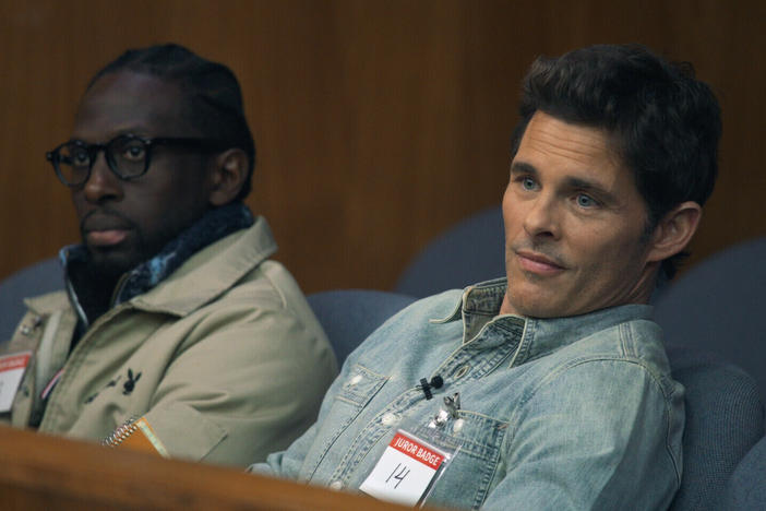 Ishmel Sahid, left, and James Marsden play alternate jurors in the series <em>Jury Duty.</em>