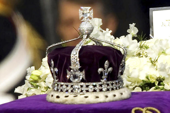 The Koh-i-noor diamond, set in the Maltese Cross at the front of the crown made for Britain's late Queen Mother Elizabeth, is seen on her coffin at London's Westminster Hall. Camilla, the queen consort, will not use the Koh-i-noor diamond in her coronation crown, but will modify Queen Mary's crown, using diamonds from Queen Elizabeth II's personal collection.