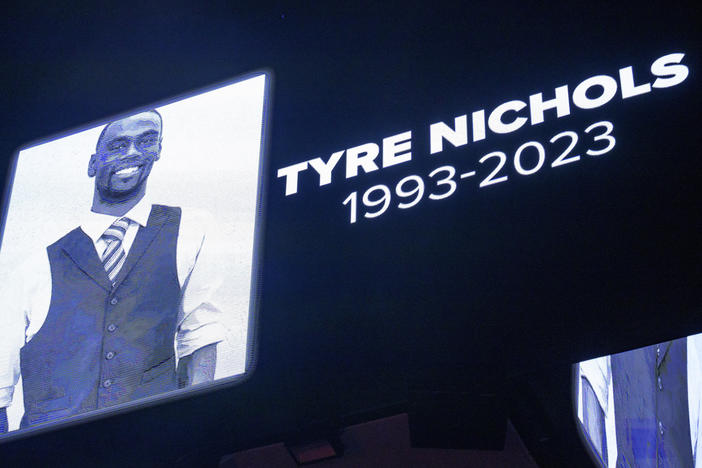 The medical examiner's official autopsy report for 29-year-old Tyre Nichols showed he "died of brain injuries from blunt force trauma," according to the Shelby County, Tenn., District Attorney's Office. Here, the screen at the Smoothie King Center in New Orleans honors Nichols before an NBA basketball game between the New Orleans Pelicans and the Washington Wizards on Jan. 28.