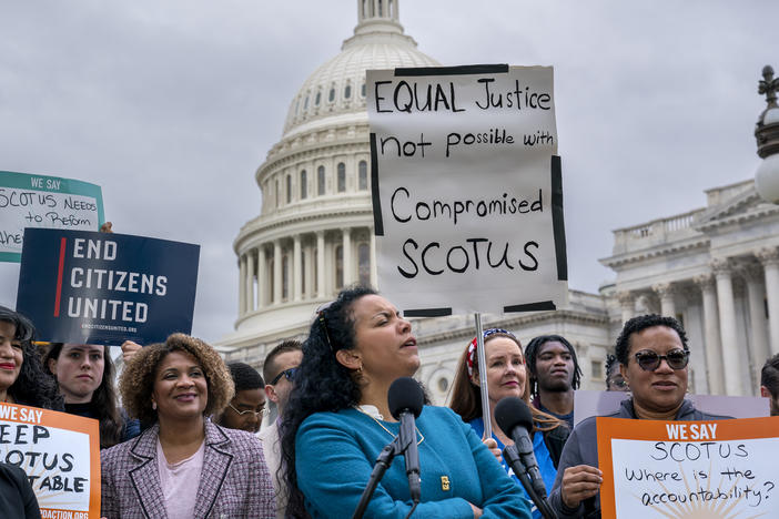 Activists call for ethics reform of the Supreme Court in Washington on May 2. The calls come amid recent allegations of misconduct among some Supreme Court justices.