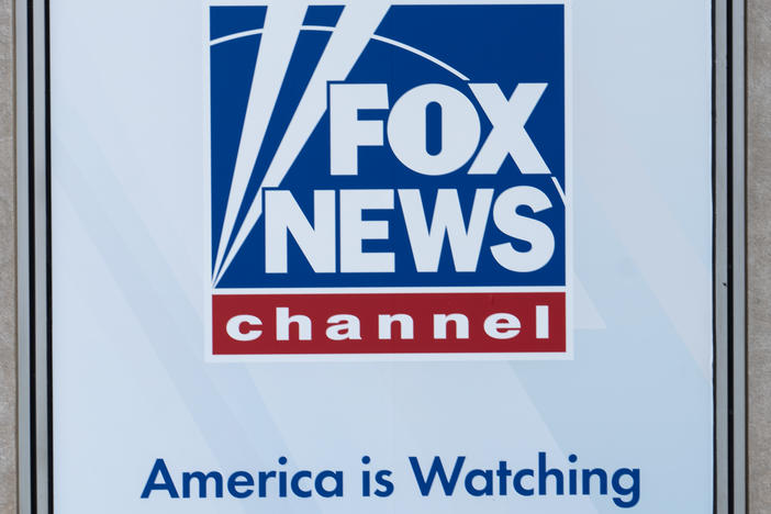 A banner displayed in April at the Fox News headquarters in New York.