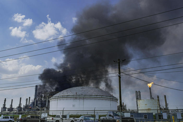 A fire burns at a Shell chemical facility in Deer Park, Friday, May 5, 2023, east of Houston.