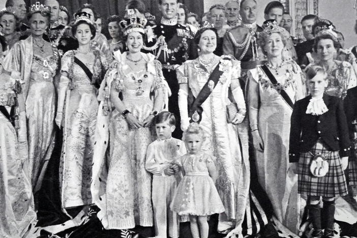 At Queen Elizabeth II's coronation, the royal family pose at Westminster Abbey in London on June 2, 1953.