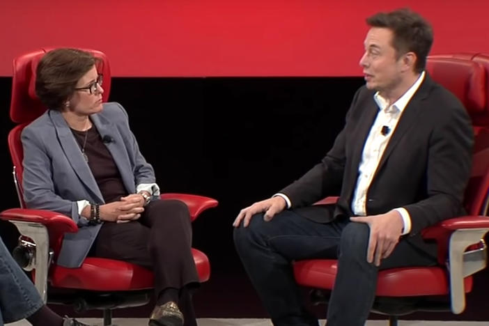 Elon Musk speaking to journalists Kara Swisher and Walt Mossberg at a conference in 2016. Musk's lawyers recently tried to argue in court that comments he made at that event could have been altered.