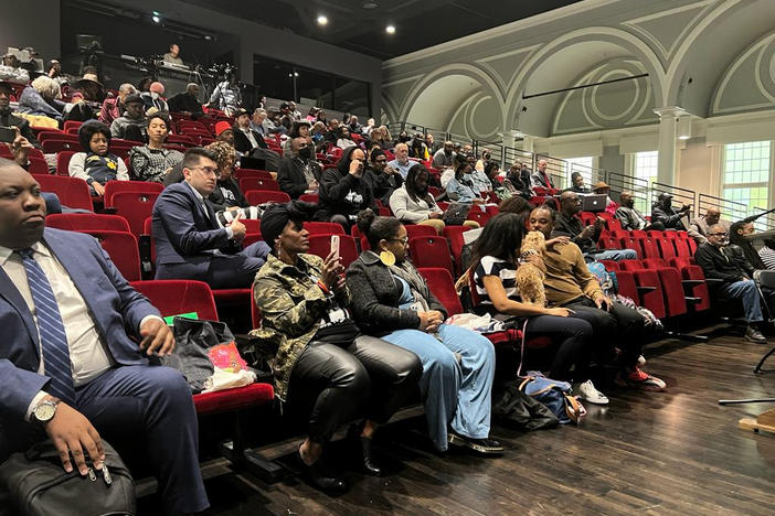 People listen to the California reparations task force, a nine-member committee studying restitution proposals for African Americans, at a meeting at Lesser Hall in Mills College at Northeastern University in Oakland, Calif., on Saturday.