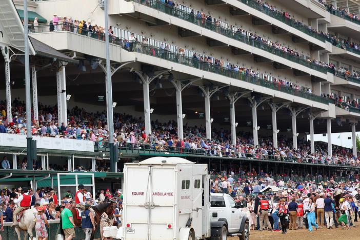 An equine ambulance arrives at Churchill Downs during the Kentucky Derby on Saturday in Louisville, Ky.