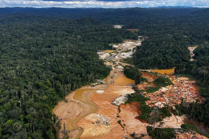 An aerial picture shows an illegal mining camp during an operation by the Brazilian Institute of Environment and Renewable Natural Resources against Amazon deforestation at the Yanomami territory in Roraima state, Brazil, on Feb. 24.