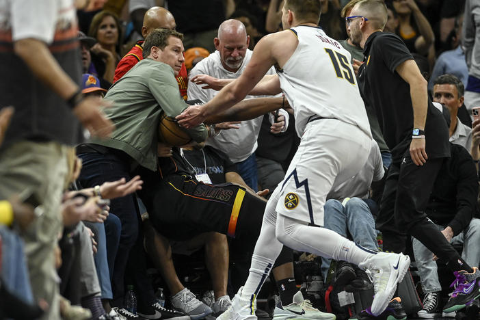 Nikola Jokic during the altercation with Mat Ishbia on Sunday night.