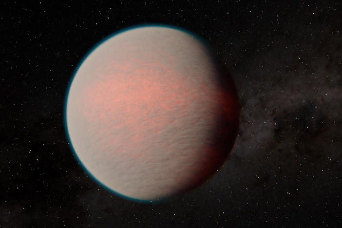 This artist's impression shows a hazy sub-Neptune-sized planet recently observed with the James Webb Space Telescope.