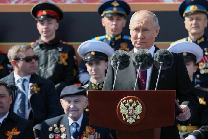 Russian President Vladimir Putin gives a speech during the Victory Day military parade at Red Square in central Moscow on Tuesday.