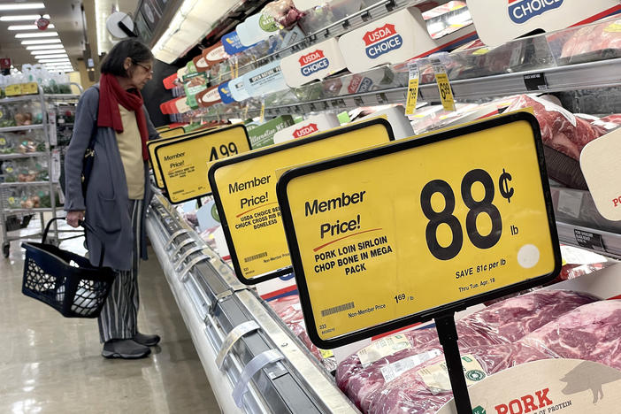 A customer shops for meat at a Safeway store in San Rafael, Calif., on April 12, 2023. Consumer prices eased slightly in April from the previous month but are still too high for the Fed's comfort.