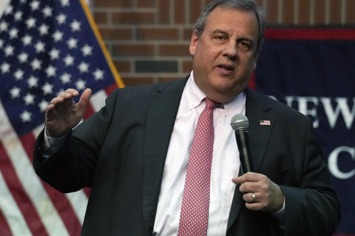 Former New Jersey Gov. Chris Christie addresses a gathering during a town hall style meeting at New England College in Henniker, N.H., on April 20.