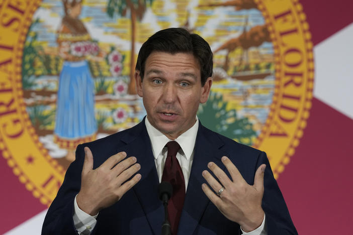 Florida Gov. Ron DeSantis speaks during a news conference to sign several bills related to public education and teacher pay, in Miami, on May 9.