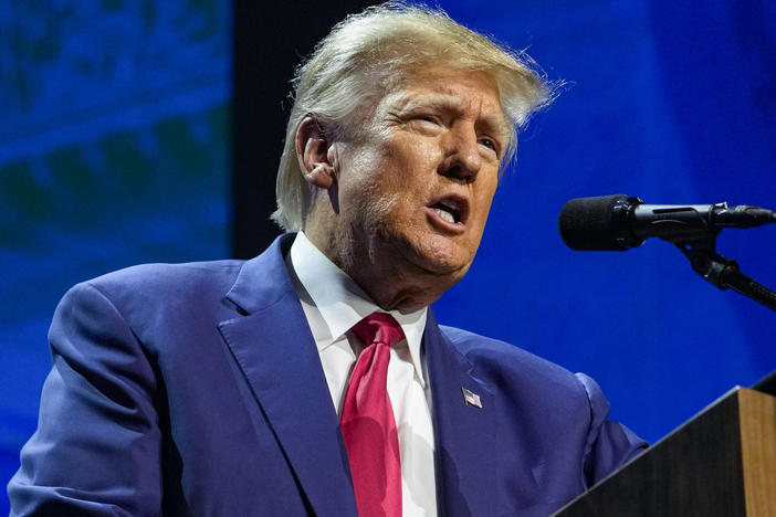 Former President Donald Trump speaks at the National Rifle Association Convention in Indianapolis on April 14.