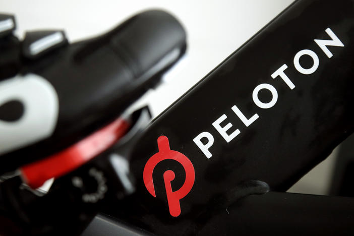 This 2019 file photo shows the logo on a Peloton bike in San Francisco. The company is recalling 2.2 million of its popular bikes due to an issue with the machine's seat post.