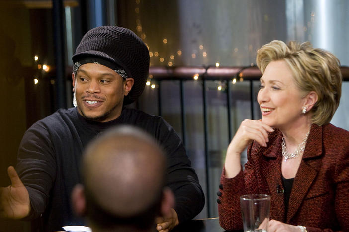 MTV news correspondent Sway Calloway and Hillary Clinton speak to Iraq War veterans during a taping of MTV's "Choose or Lose" on March 18, 2008 in Lancaster, Pennsylvania.