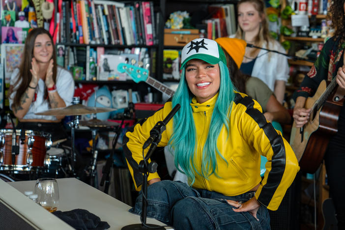 Karol G performs at NPR's Tiny Desk in Washington, DC on April 12, 2023. (Catie Dull/NPR)