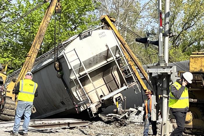 Recovery work is shown at the scene of a train derailment outside New Castle, Pa., on Thursday, May 11, 2023.