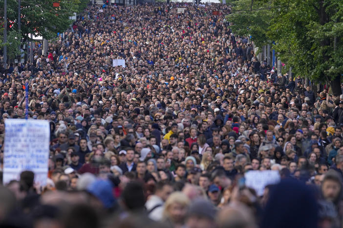 People march during a rally against violence in Belgrade, Serbia, on Friday, May 12, 2023.