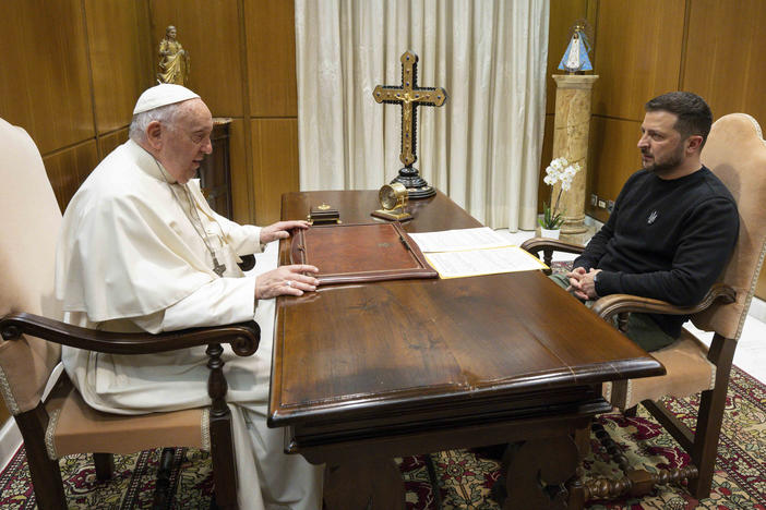 Pope Francis meets Ukrainian President Volodymyr Zelenskyy during a private audience at the Vatican on Saturday. Francis recently said that the Vatican has launched a behind-the-scenes initiative to try to end the war in Ukraine.