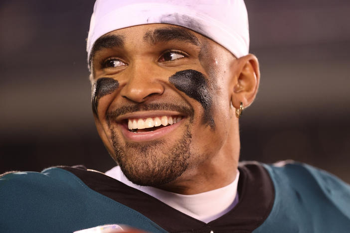 Philadelphia Eagles quarterback Jalen Hurts looks on after the team defeated the Dallas Cowboys on October 16, 2022, in Philadelphia.