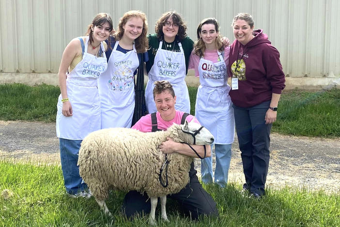 The Quaker Bakers team is made up of students from the Sandy Spring Friends School. They participated in the "Sheep to Shawl" competition at the Maryland Sheep & Wool festival as part of their fiber arts class. From left, Ayla Keynes, Caitlyn Holland, Travis Hurley, Zoe Burgess, teacher Heidi Brown, and (front) shearer Emily Chamelin.