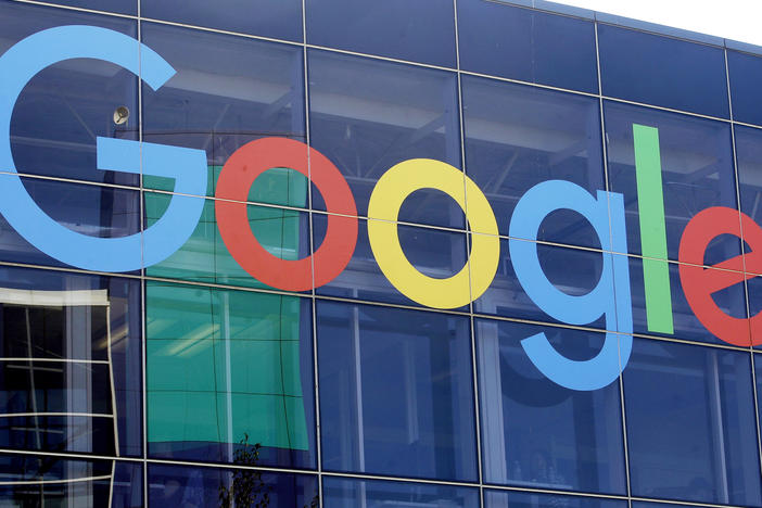 A sign is shown on a Google building at their campus in Mountain View, Calif., Sept. 24, 2019.