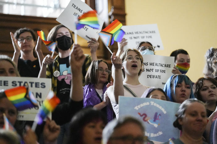 LGBTQ+ activists protest Senate Bill 14 at the Texas Capitol, Friday, May 12, 2023, in Austin, Texas.