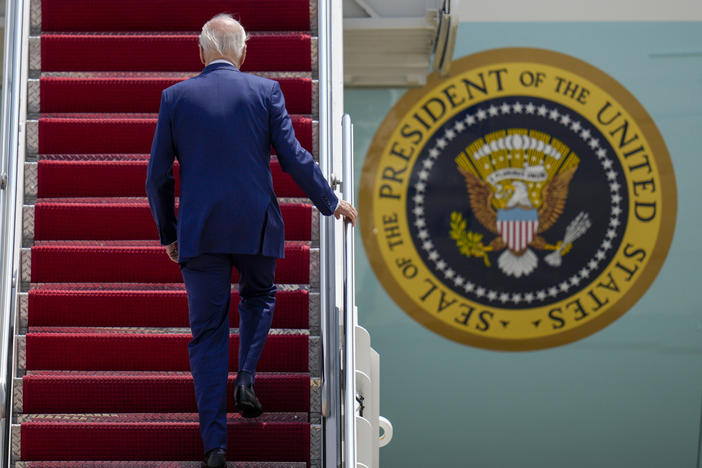 President Biden boards Air Force One on May 17 to head to Hiroshima, Japan to attend the G-7. He canceled plans to carry on to Papua New Guinea and Australia because of debt ceiling talks.