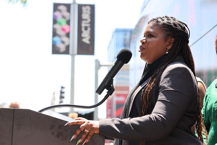 Representative Cori Bush speaks during a press conference held by Just Majority on May 8, 2023 in St Louis, Missouri.