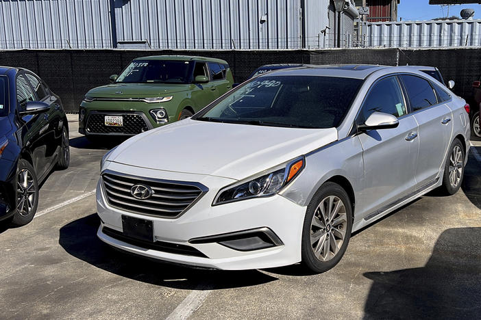 A Hyundai sedan sits in the parking lot of East Bay Tow Inc., where Attorney General Rob Bonta held a news conference last month in Berkeley, Calif., about the surge in thefts of Kia and Hyundai vehicles. The Korean carmakers agreed to a $200 million settlement over claims that their cars are too easy to steal.