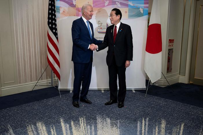 President Biden greets Japan's Prime Minister Fumio Kishida before a bilateral meeting in Hiroshima ahead of the G-7 leaders' summit.