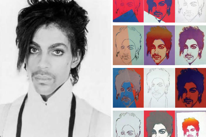 A portrait of Prince taken by Lynn Goldsmith (left) in 1981 and 16 silk-screened images Andy Warhol later created using the photo as a reference.