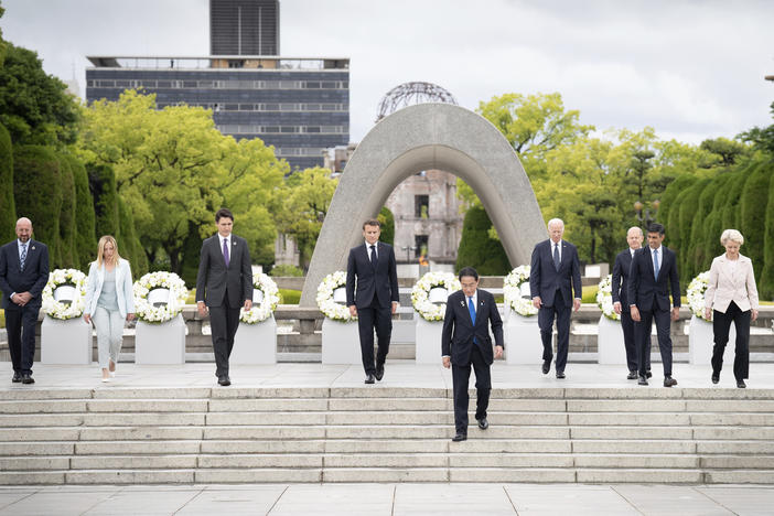 European Council President Charles Michel (from left), Italian Prime Minister Giorgia Meloni, Prime Minister Justin Trudeau, President Emmanuel Macron, Japan's Prime Minister Fumio Kishida, President Biden, German Chancellor Olaf Scholz, British Prime Minister Rishi Sunak and European Commission President Ursula von der Leyen at a monument for atomic bomb victims in Hiroshima, Japan, Friday.