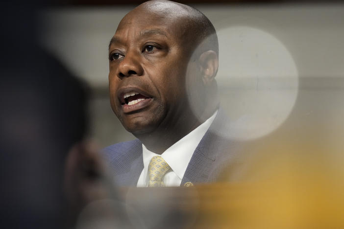Sen. Tim Scott, R-S.C., questions former executives of failed banks during a Senate Banking Committee hearing on May 16.