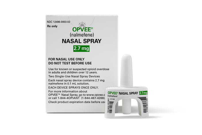 This photo provided by Indivior in May 2023 shows their drug Opvee. U.S. health regulators approved the medication to reverse overdoses caused by fentanyl and other powerful opioids.