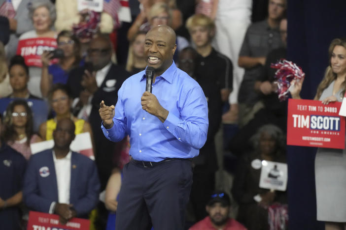Sen. Tim Scott, R-S.C., gives remarks at his presidential campaign announcement event at Charleston Southern University on Monday in North Charleston, S.C.